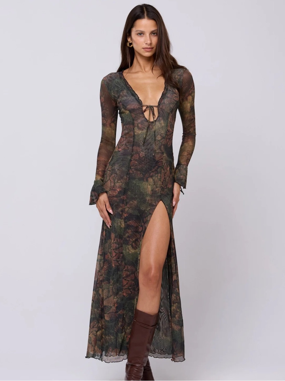 Resa Lennon Long Sleeve Sheer Tie-Front Maxi Dress in Olive Floral Print
